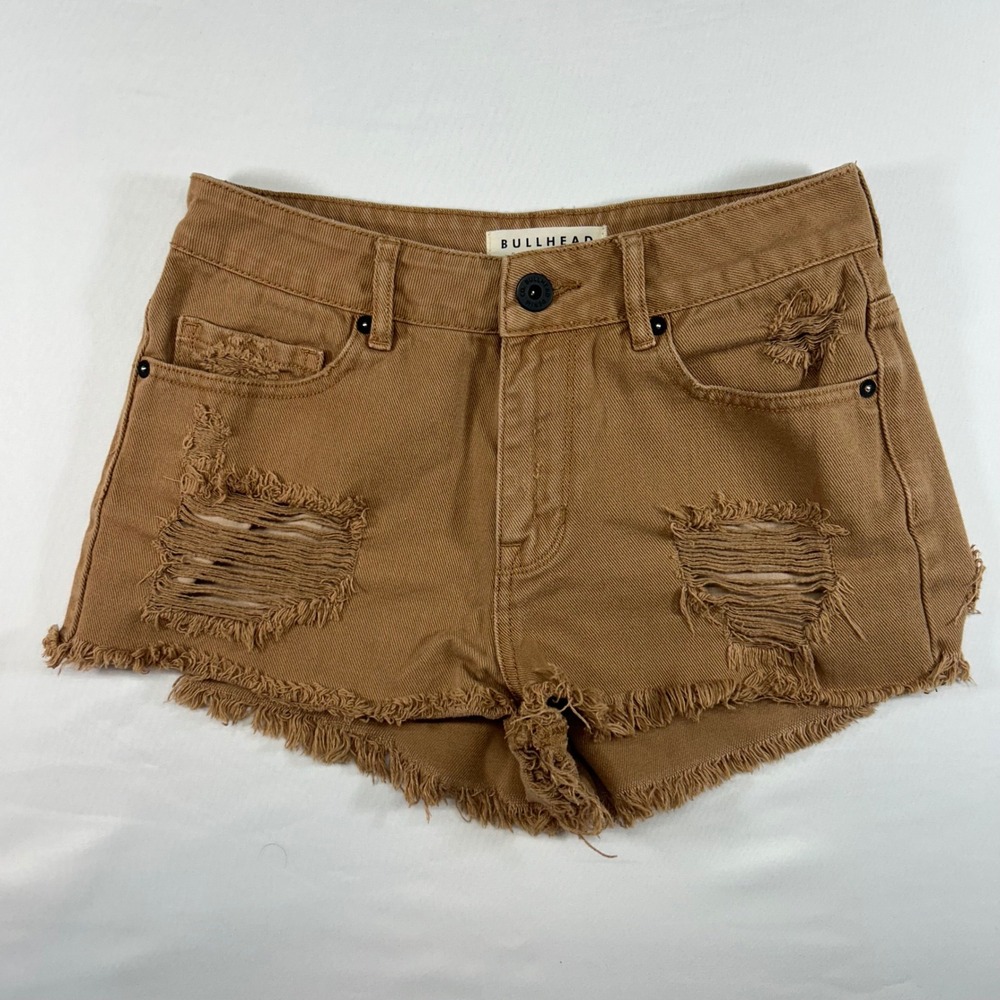 Bullhead Denim Co High Rise Distressed Shorts Brown Frayed Hem Size 5